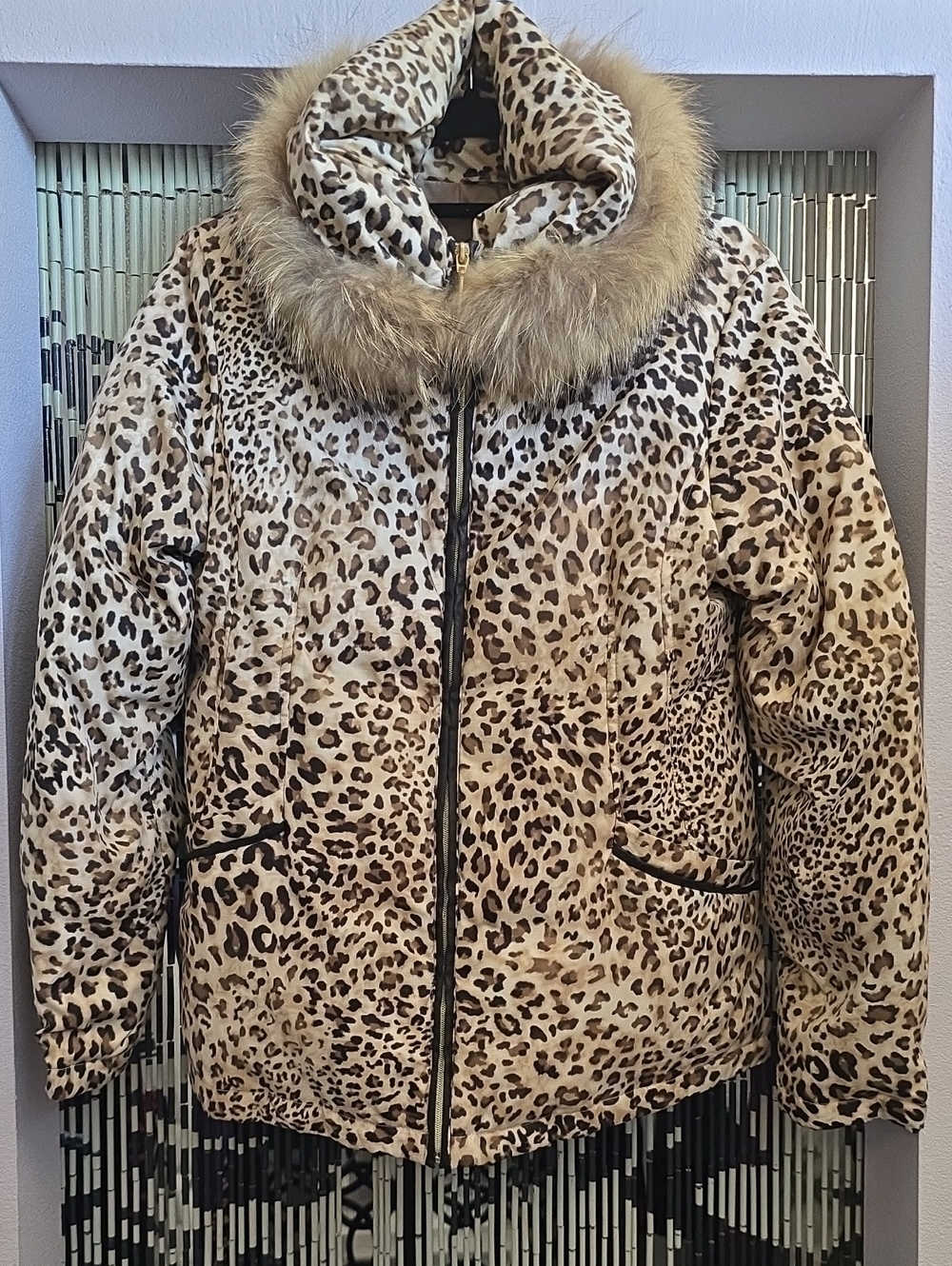 Via Spiga Leopard Print Puffer Genuine Fur Trim in Beige and Brown Size L